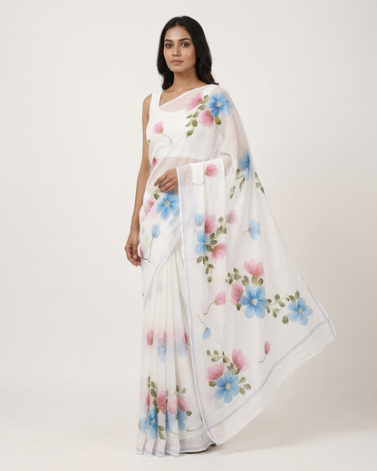 White Floral Handmade Madhubani Saree with Blouse