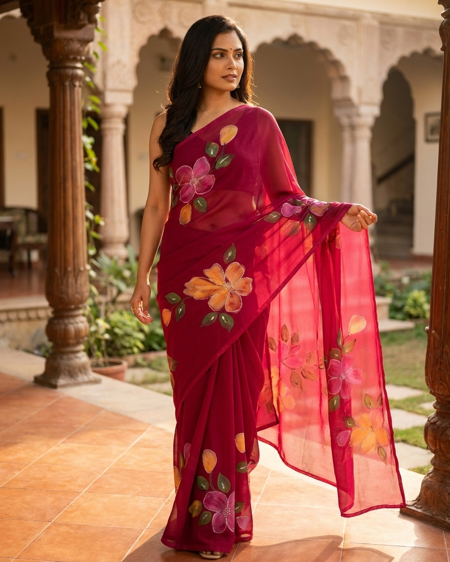 Floral Handmade Madhubani Painting Saree with Blouse  – Traditional Mithila Art Saree for Women