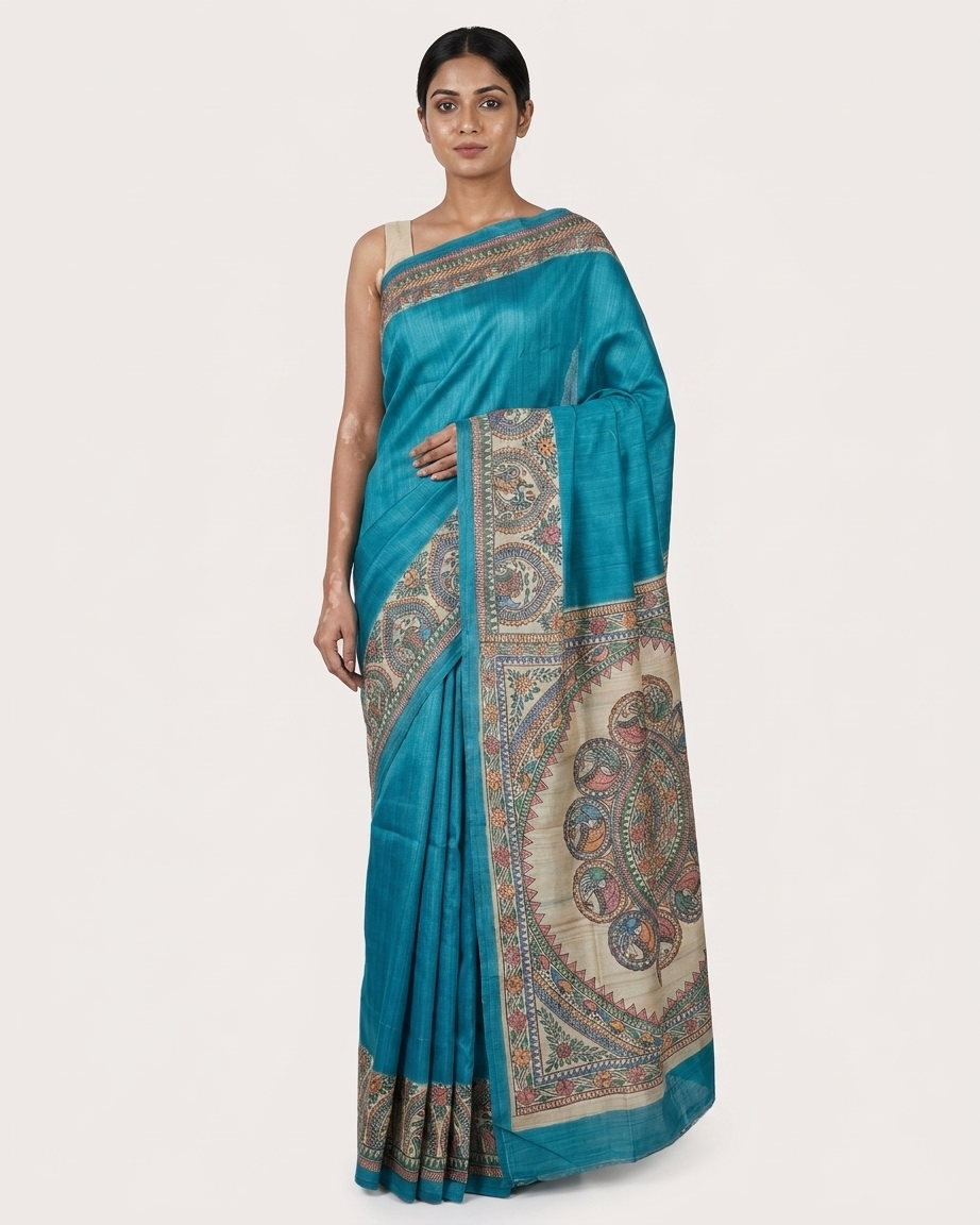 Bright Blue Handmade Madhubani Painting Saree with Blouse