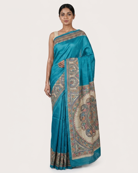 Bright Blue Handmade Madhubani Painting Saree with Blouse