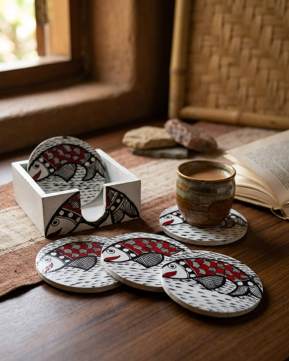 Handmade Fish Design Coaster Set with Stand | Madhubani Painting Tea Coasters Set of 6