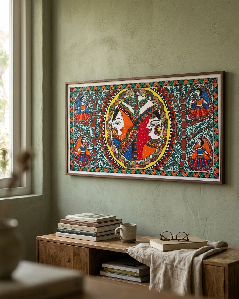 Krishna Radha Rashlila Madhubani Painting Canvas Wall Art Without Frame