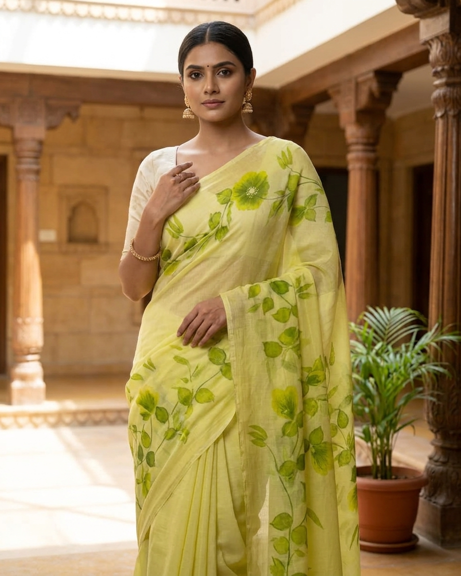 Light Green Floral Handmade Madhubani Painting Saree with Blouse – Handcrafted Mithila Art Saree for Women