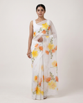 White Floral Handmade Madhubani Painting Saree with Blouse