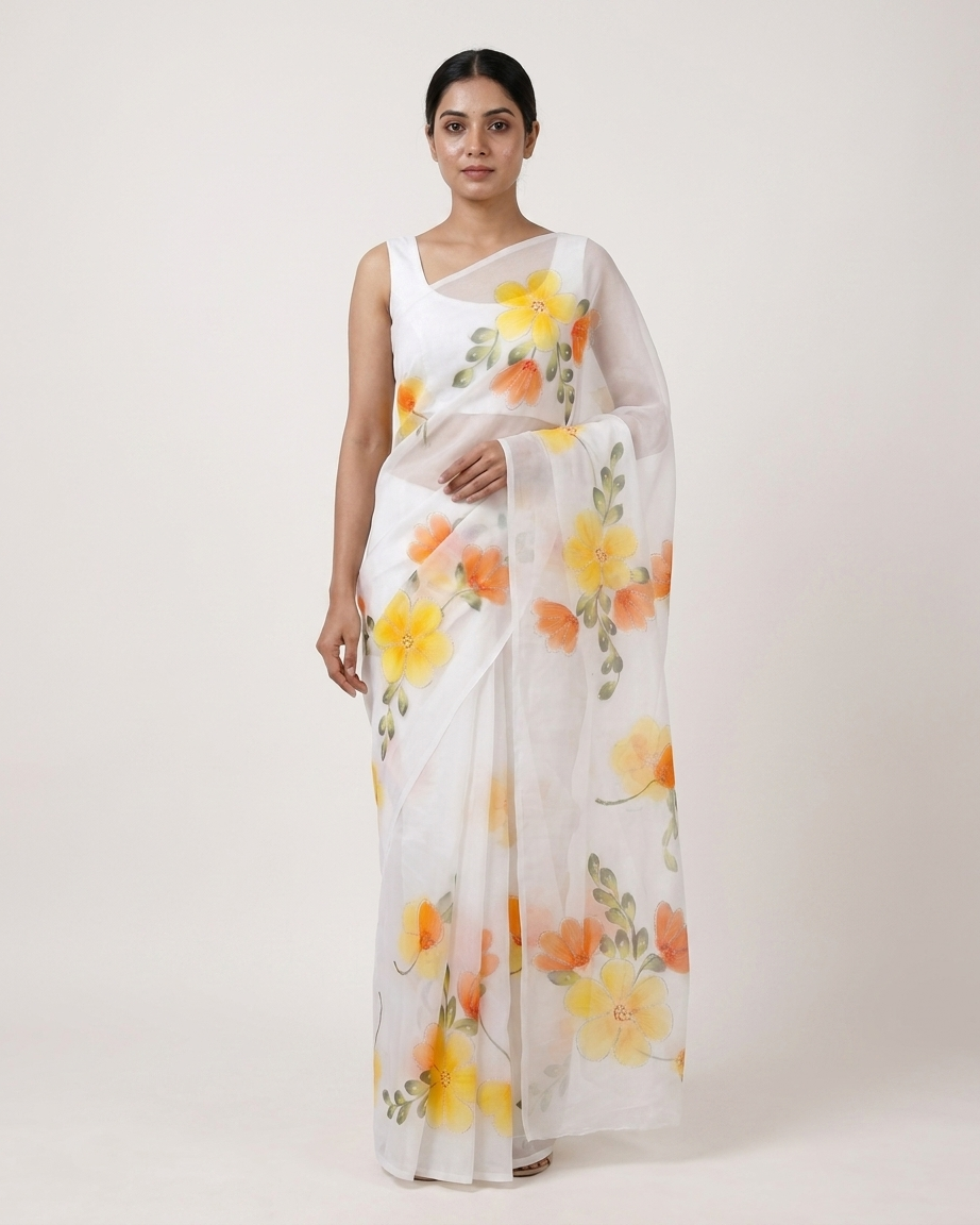 White Floral Handmade Madhubani Painting Saree with Blouse