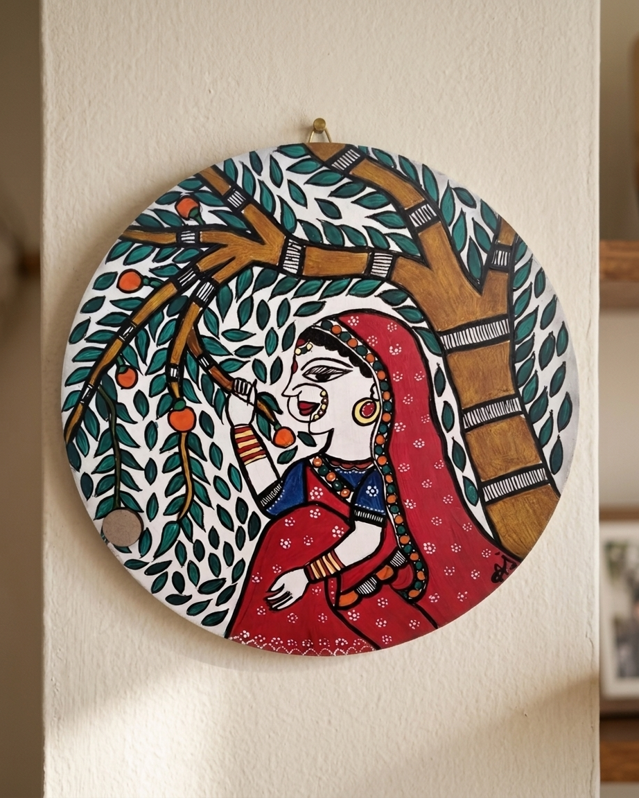 Handmade Women Madhubani Painting Wall Art on MDF Board  – Traditional Mithila Home Decor