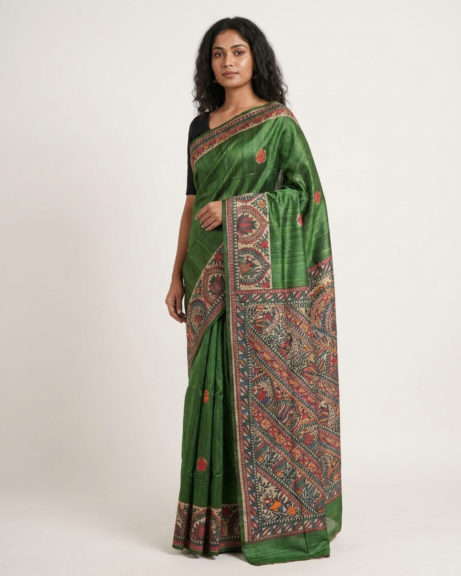 Green Handmade Madhubani Painting Saree with Blouse