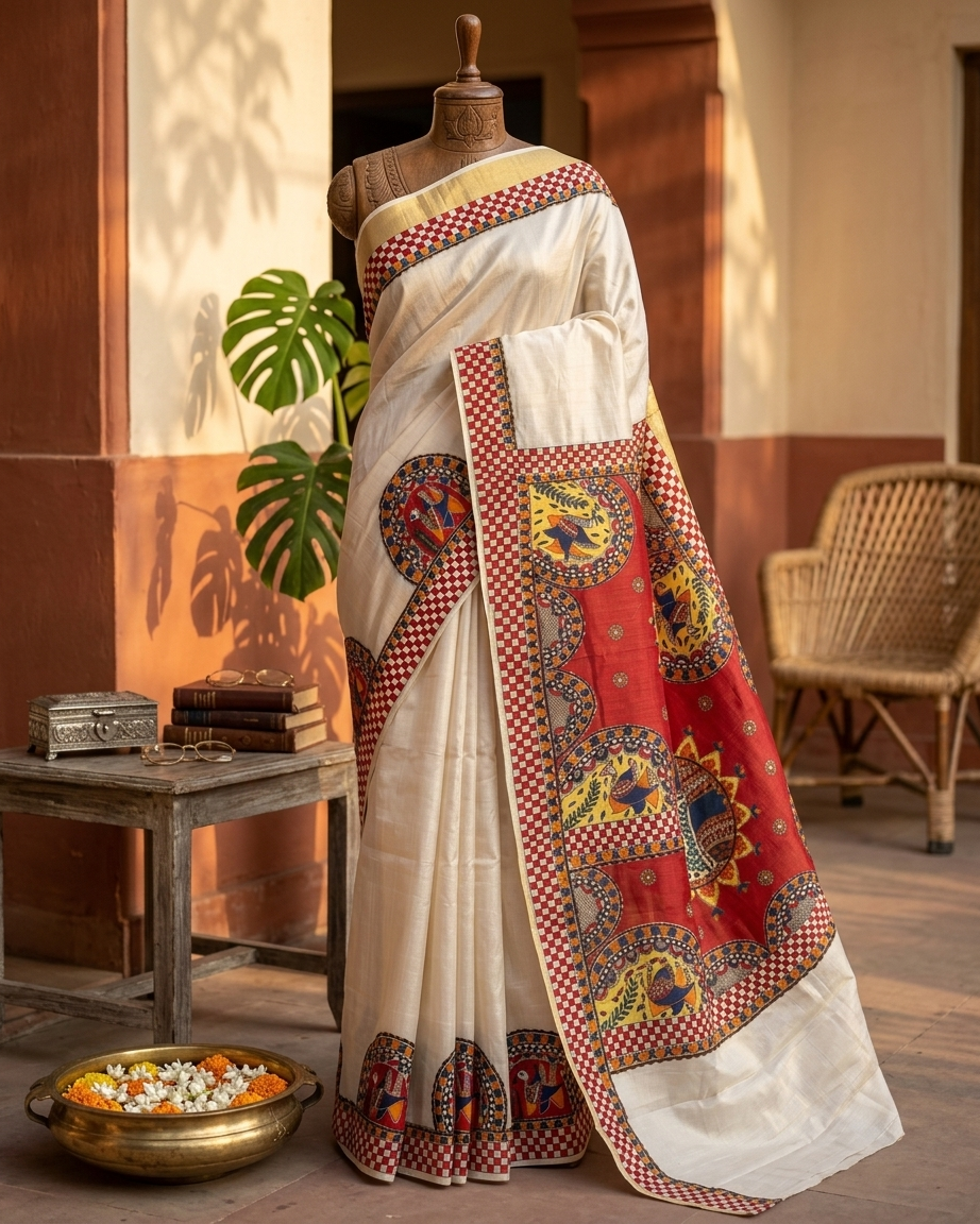 Handmade Madhubani Painting Kerala Cotton Saree with Blouse | Ethnic Saree