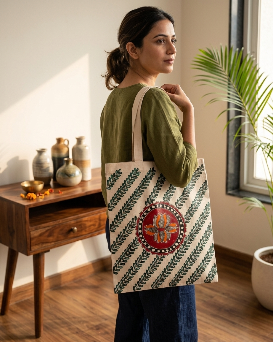 Madhubani Art Tote Bag – Handmade Traditional Indian Painting Carry Bag for Daily Use