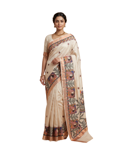 Light Beige Handmade Madhubani Painting Saree