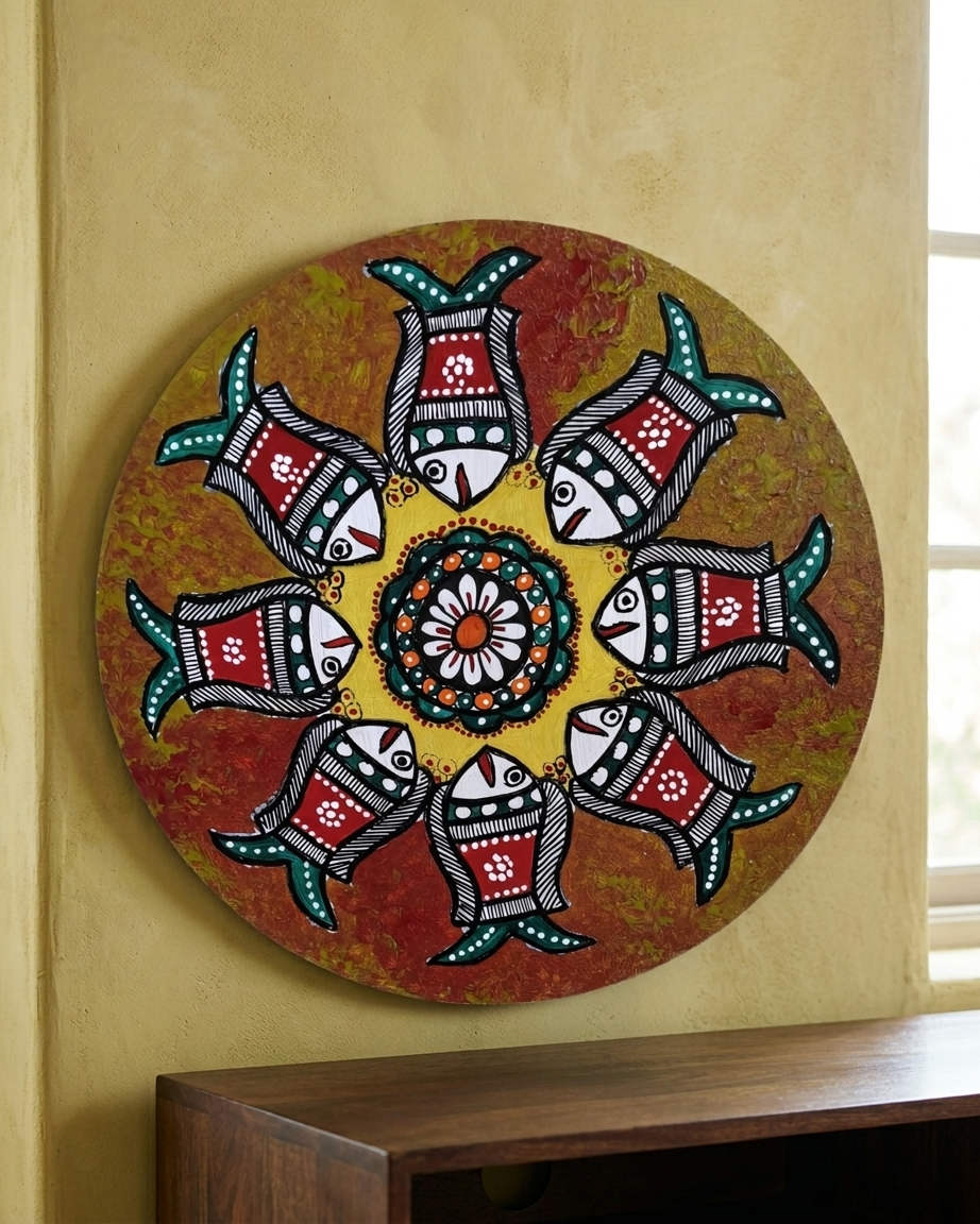 Fish Madhubani Wall Art on MDF Board – Handmade Mithila Painting for Home Decor