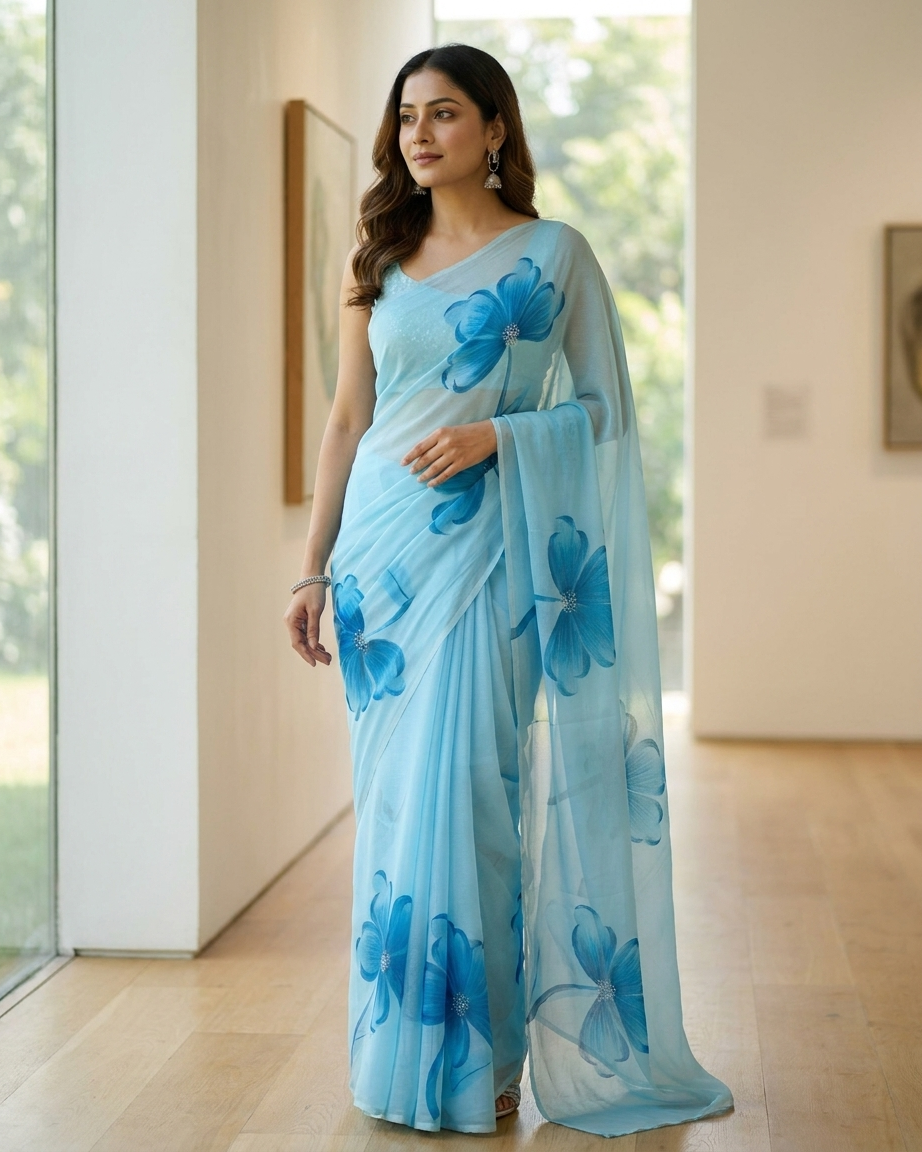 Sky Blue Floral Handmade Madhubani Painting Saree with Blouse – Handcrafted Mithila Art