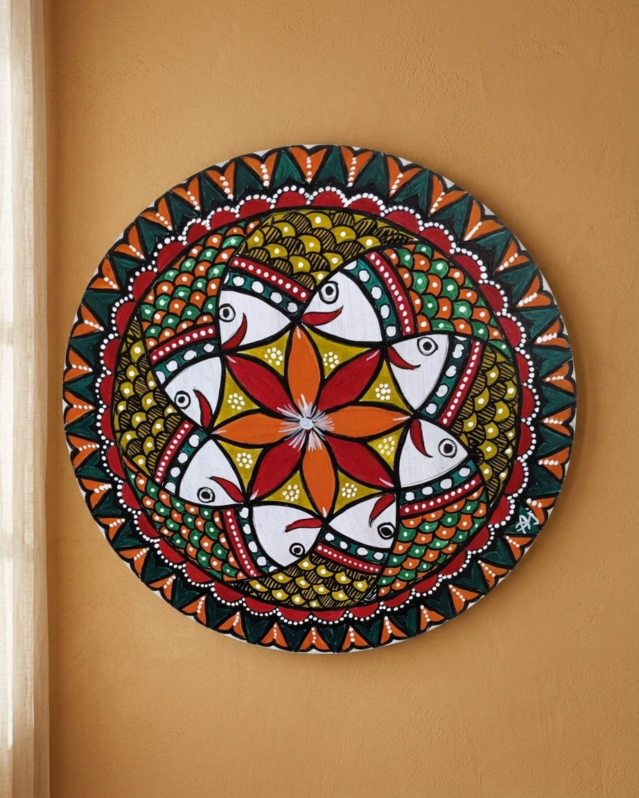 Fish Collage Madhubani Wall Art on MDF Board – Handmade Mithila Painting for Home Décor