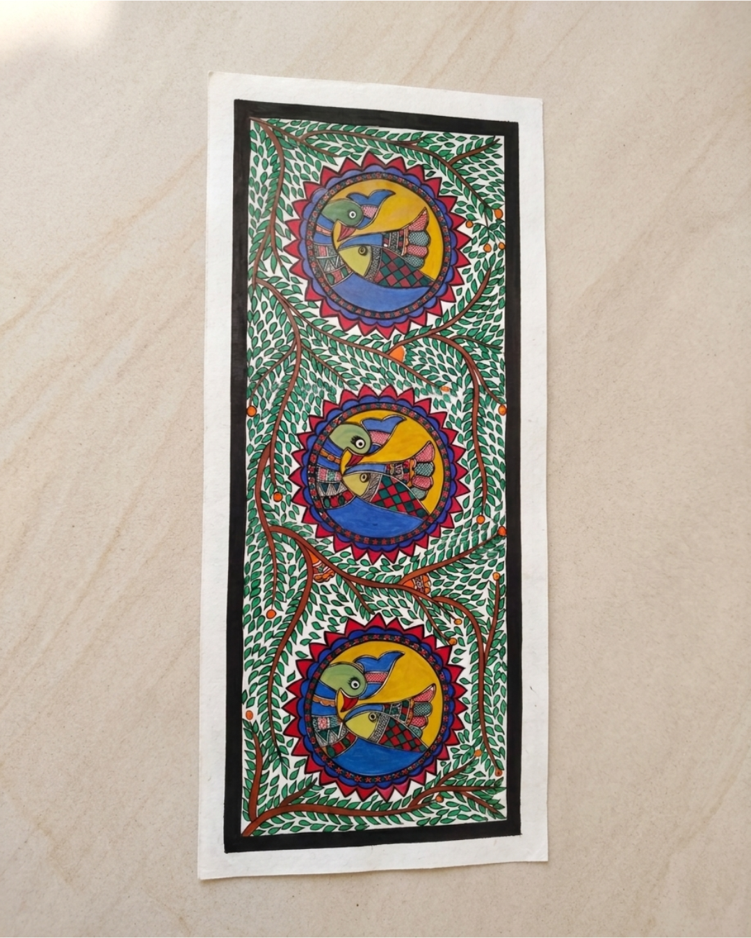 Peacocks and Fish Madhubani Painting on Handmade Paper (11x28 Inch) – Traditional Mithila Folk Art Wall Decor