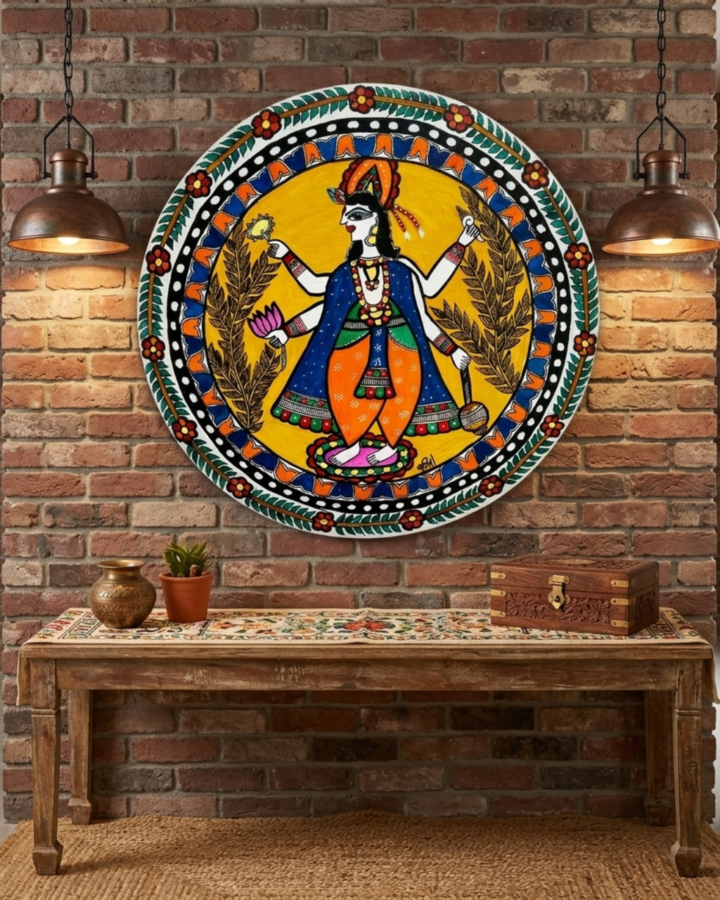 Vishnu ji Madhubani Wall Art | 14 Inch MDF Board