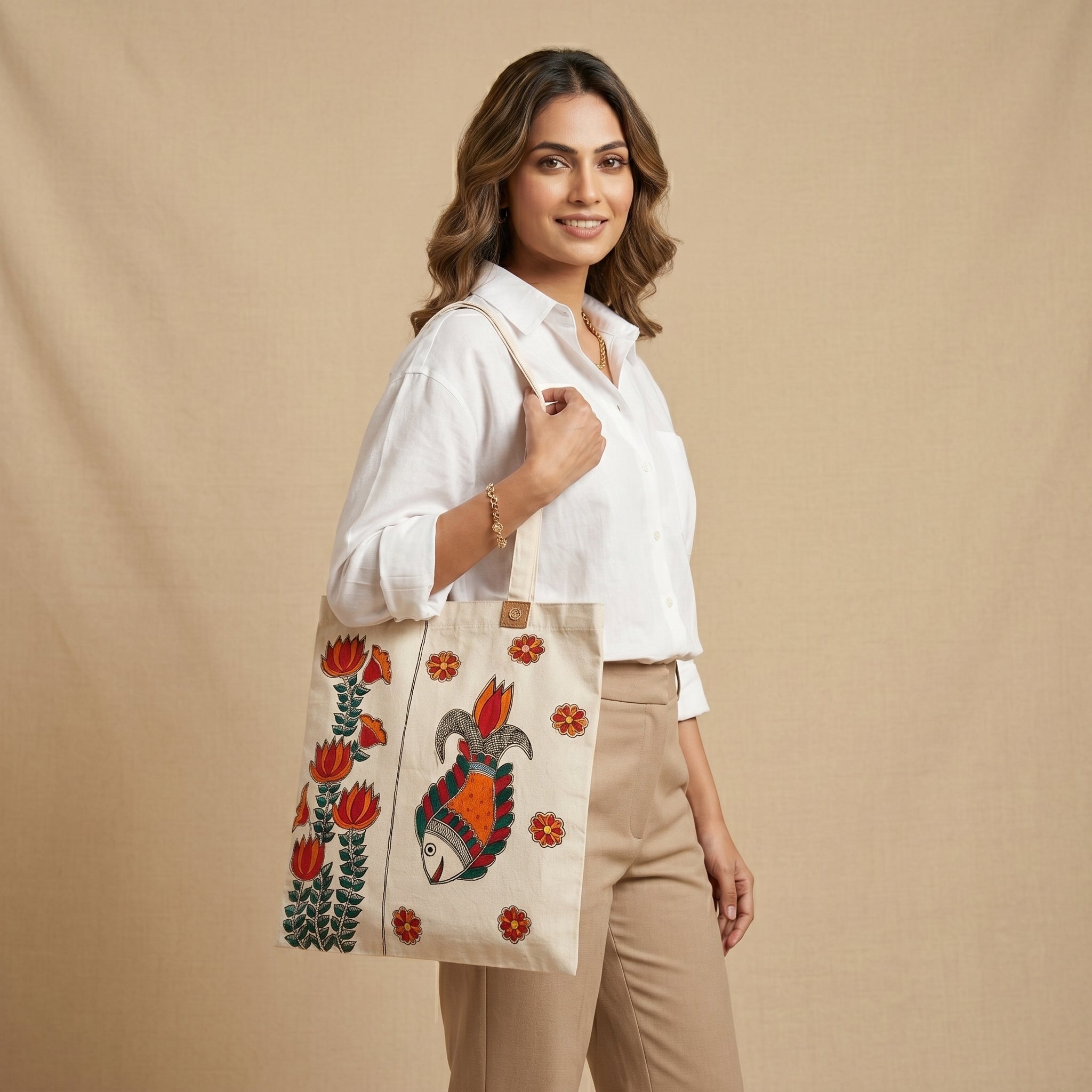Hand-Painted Madhubani Painting Tote Bag – Ethnic Carry Bag