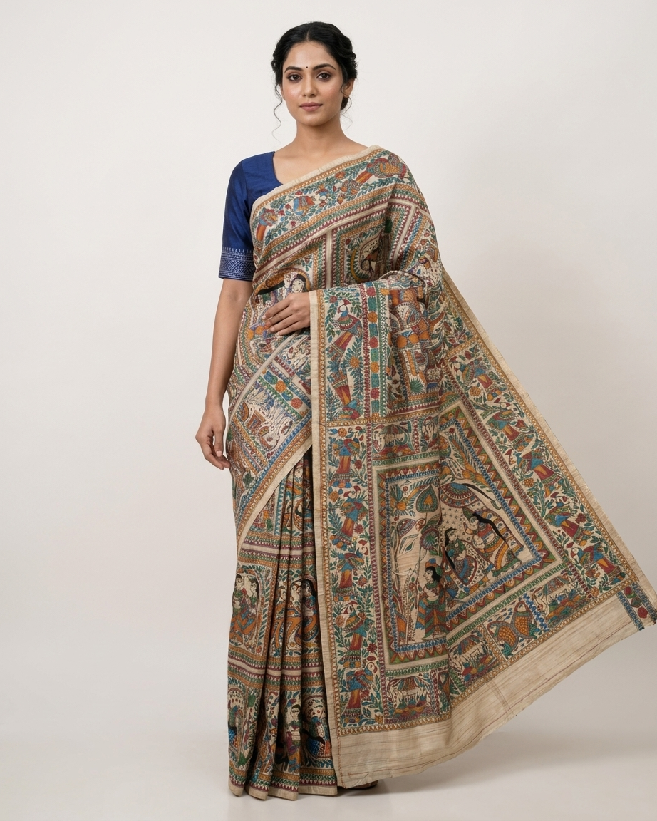 Handmade Madhubani Painting Saree with Blouse | All Over Ethnic Saree for Women