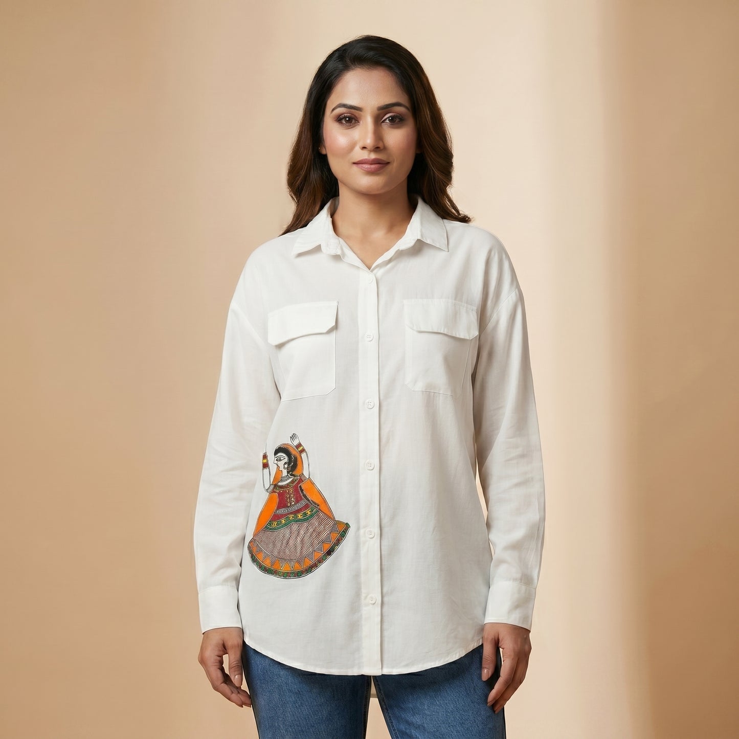 White Handmade Madhubani Painting Women Shirt