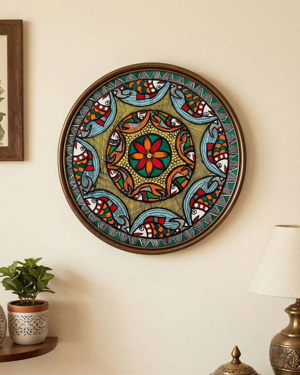 Fish & Lotus Mandala Madhubani Wall Art | 12 Inch MDF Board