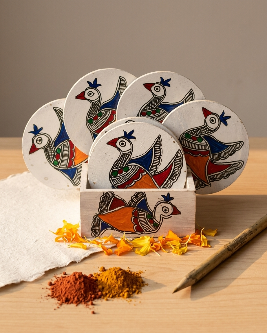 Handmade Peacock Design Madhubani Coaster Set with Stand | Tea Coasters Set of 6