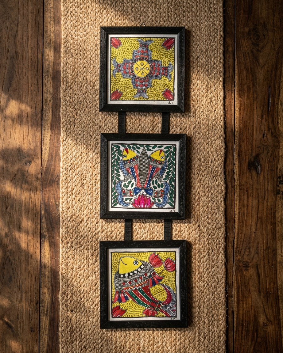 Handmade Fish Madhubani Painting Triple Frame Wall Hanging  – Traditional Mithila Art Decor