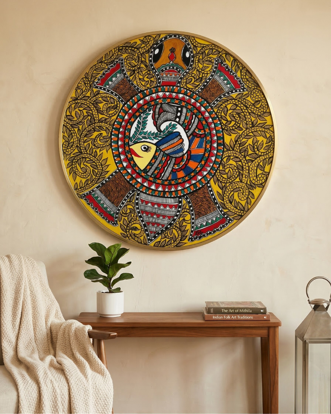 Kurma (Tortoise) with Fish & Floral motifs Madhubani Wall Art | 14 Inch MDF Board
