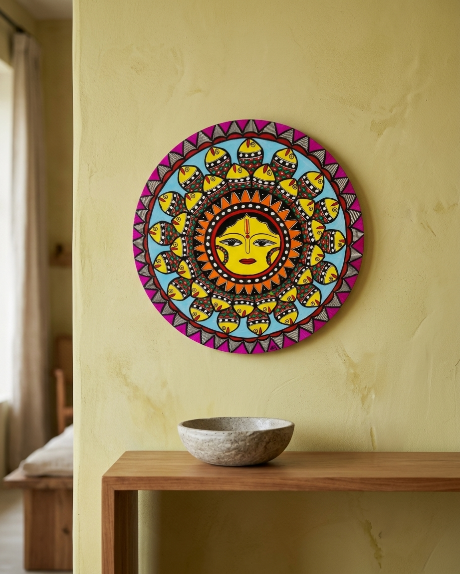 Handmade Surya & Fish Madhubani Wall Art on MDF Board – Traditional Mithila Painting Decor