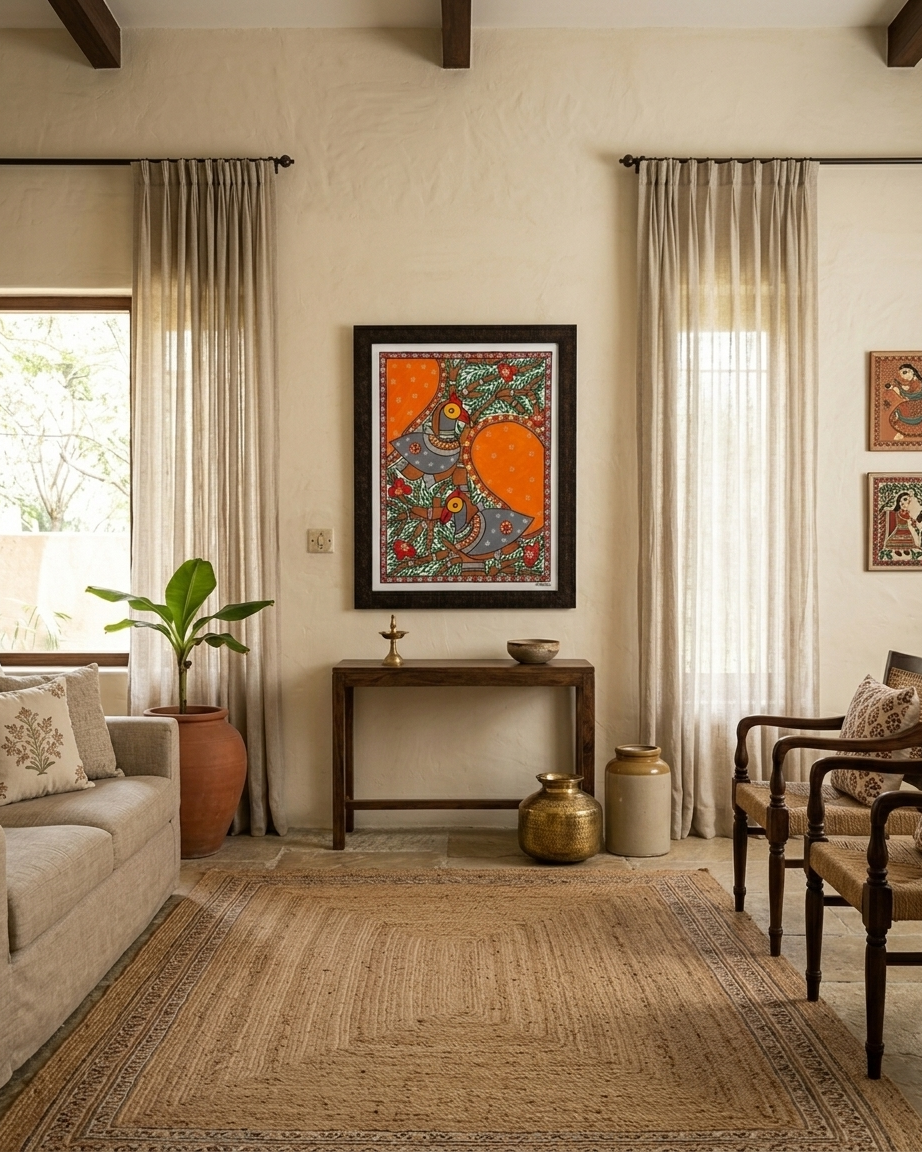 Peacock Madhubani Painting  with Frame – Traditional Indian Wall Art