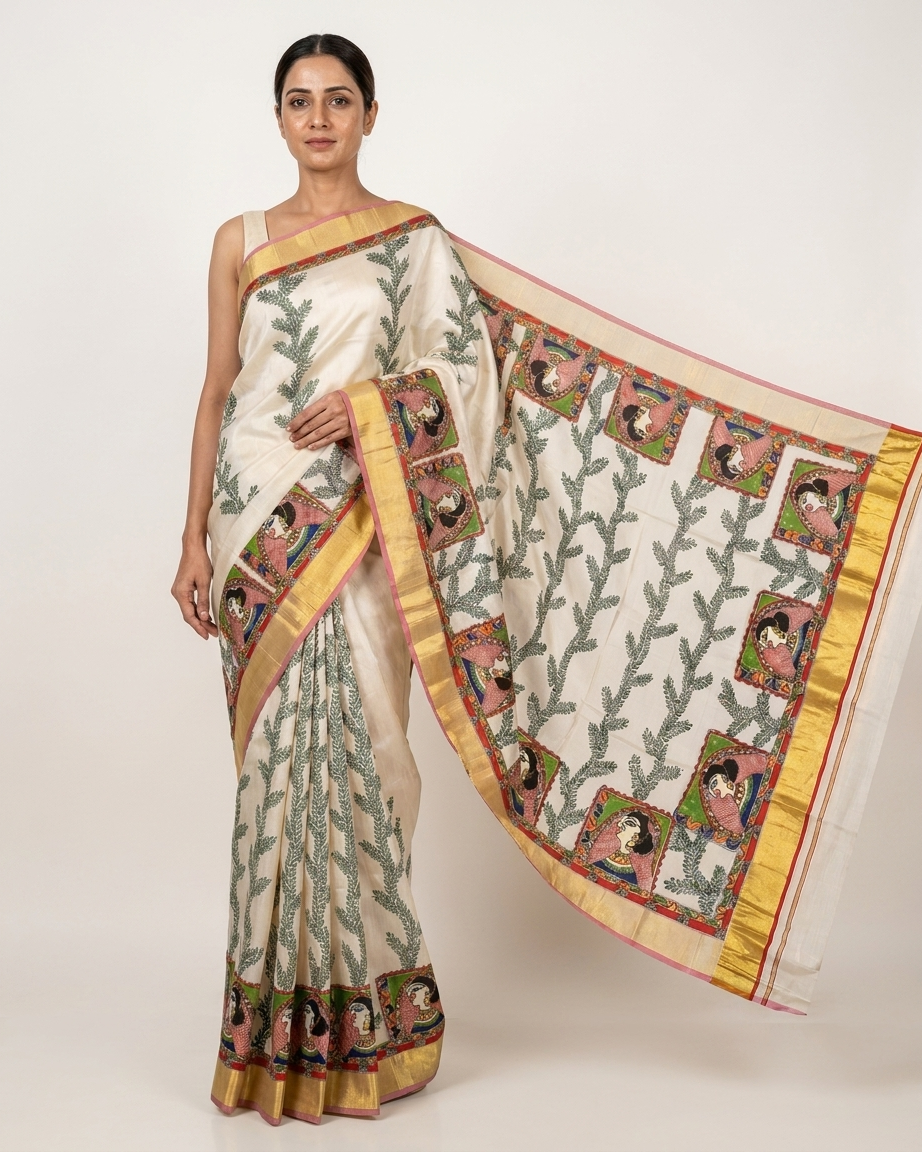 Cream Colour Handmade Madhubani Painting Saree with Blouse