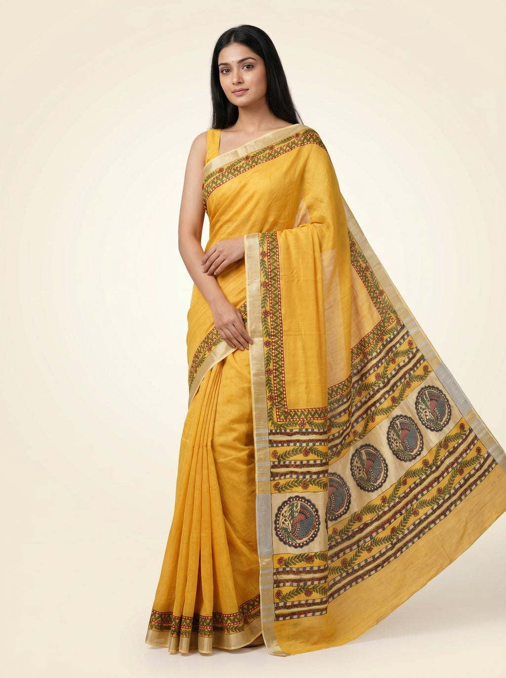 Mustard Yellow Madhubani Painting Saree | Handmade Saree with Blouse