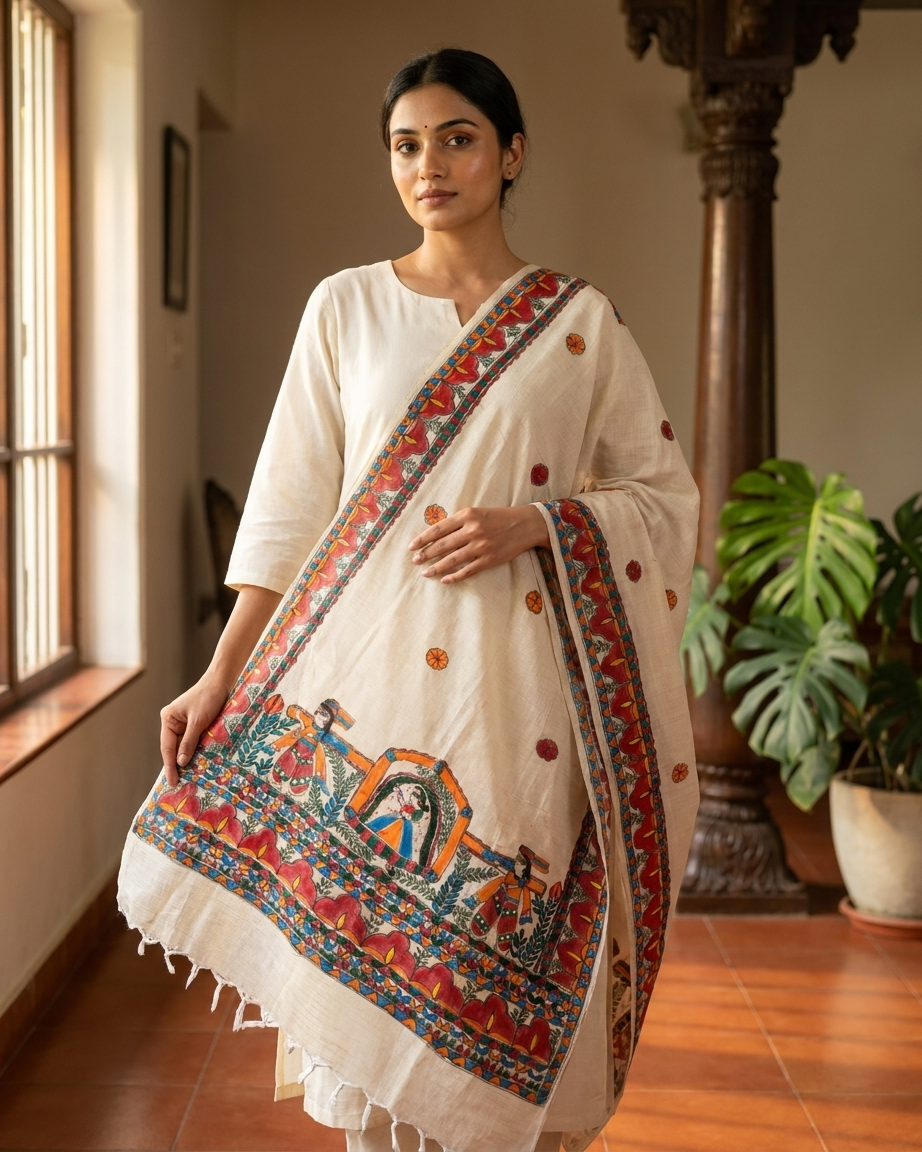 Handmade Madhubani Painting  Dupatta for Women – Handcrafted Ethnic