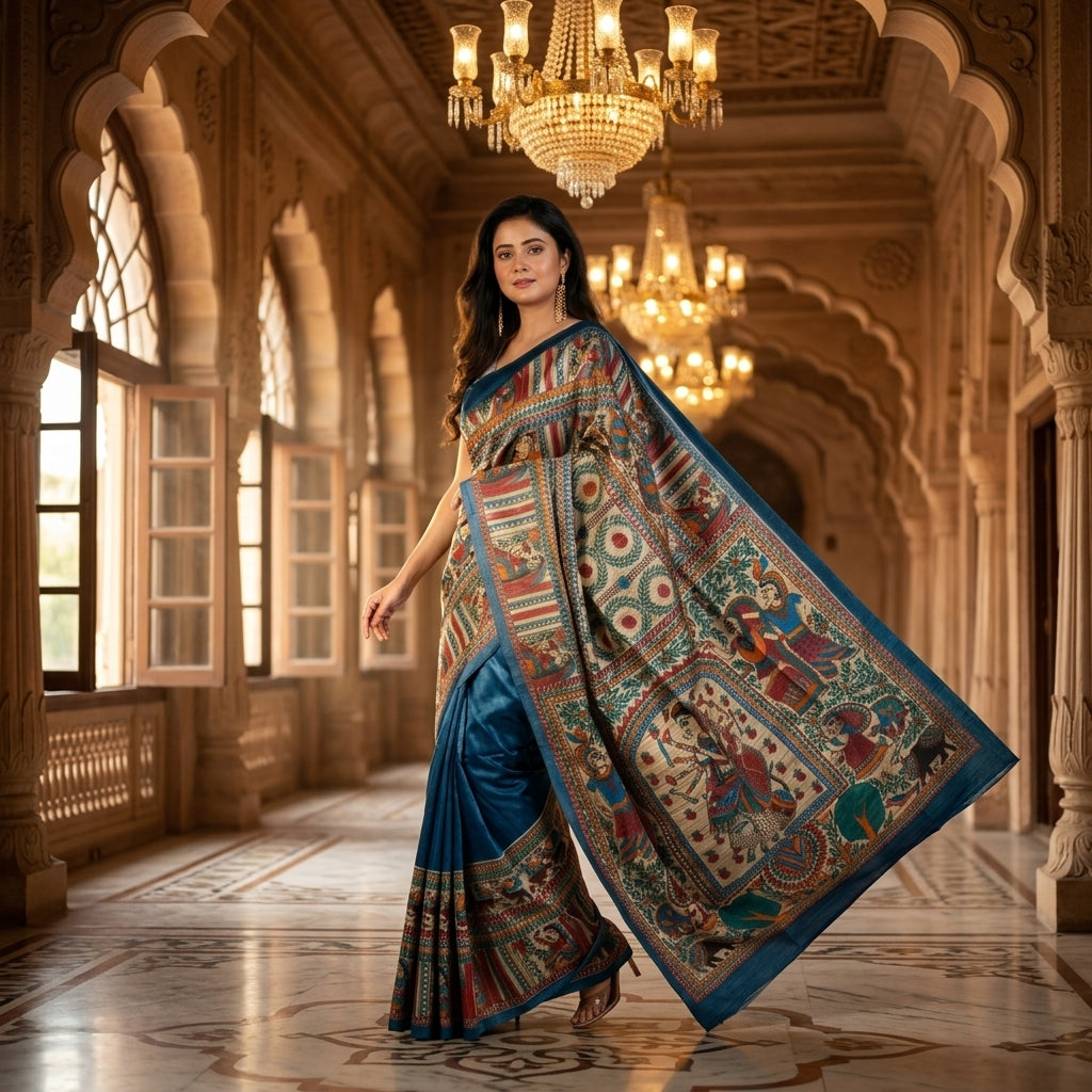 Blue Handmade Madhubani Painting  Saree with Blouse