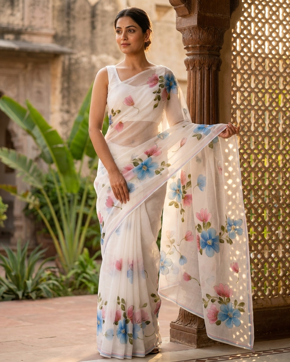 White Floral Handmade Madhubani Painting Saree with Blouse