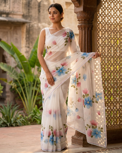 White Floral Handmade Madhubani Saree with Blouse