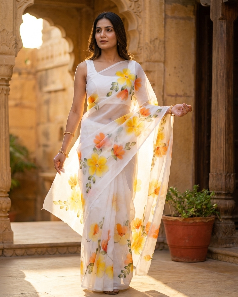White Floral Handmade Madhubani Painting Saree with Blouse