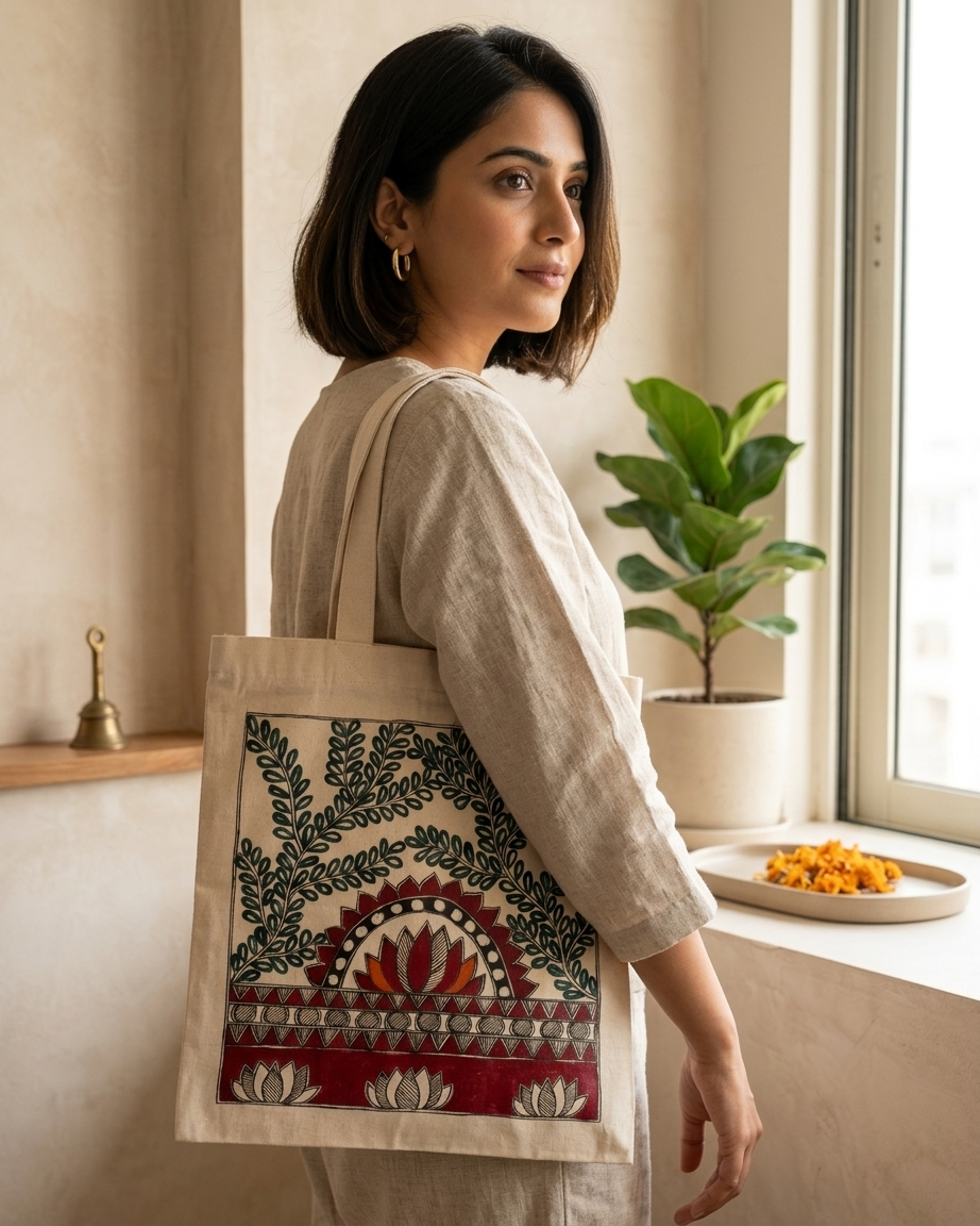 Madhubani Painting Tote Bag – Handmade Art Bag for Shopping, Travel & Daily Use