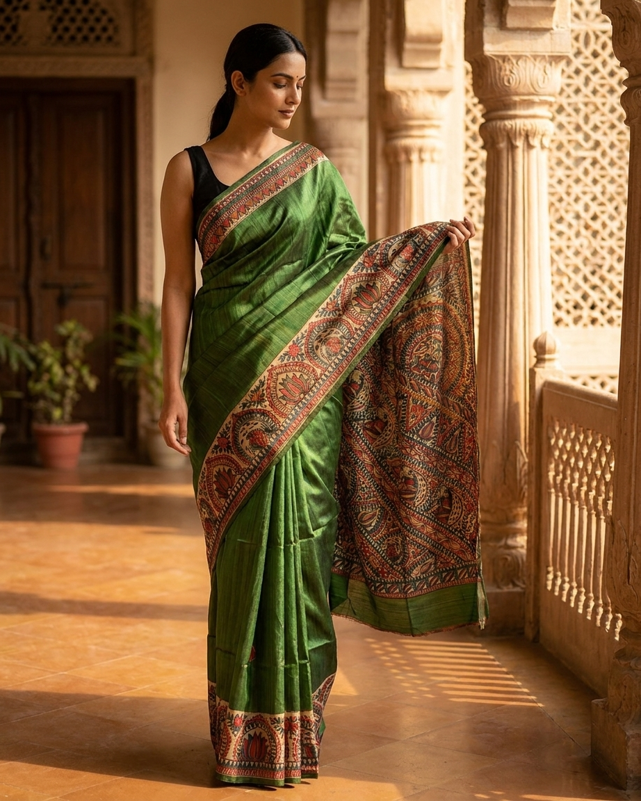 Green Handmade Madhubani Painting Saree with Blouse