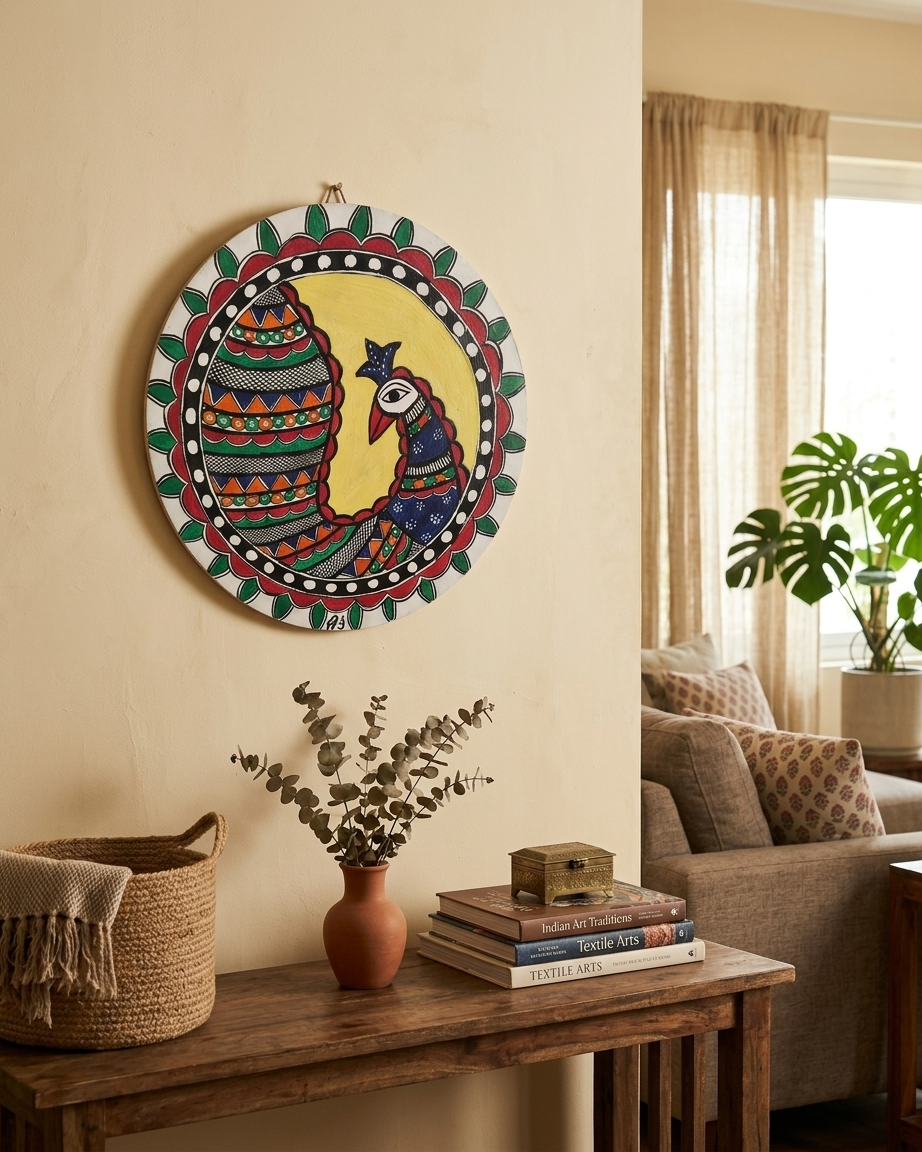 Peacock Madhubani Painting Wall Art – Handmade Indian Folk Art Decor
