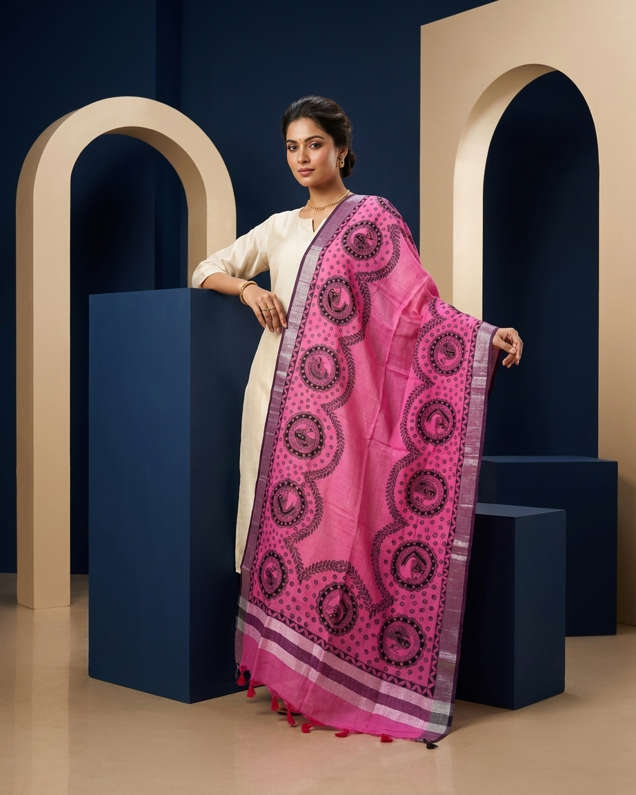 Handmade Madhubani Painting Dupatta for Women – Traditional Handcrafted Ethnic