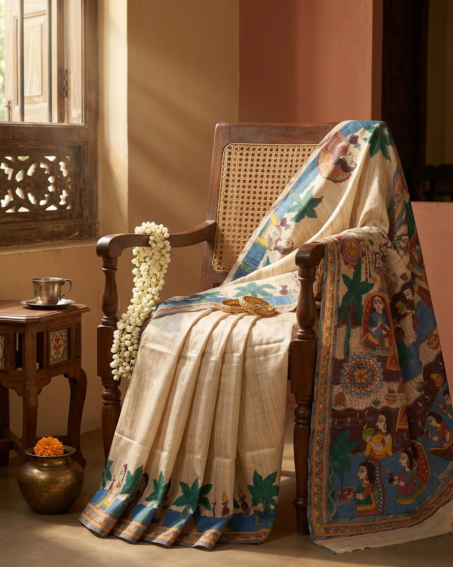 Handmade Madhubani Painting Silk Saree with Blouse | Ethnic Saree