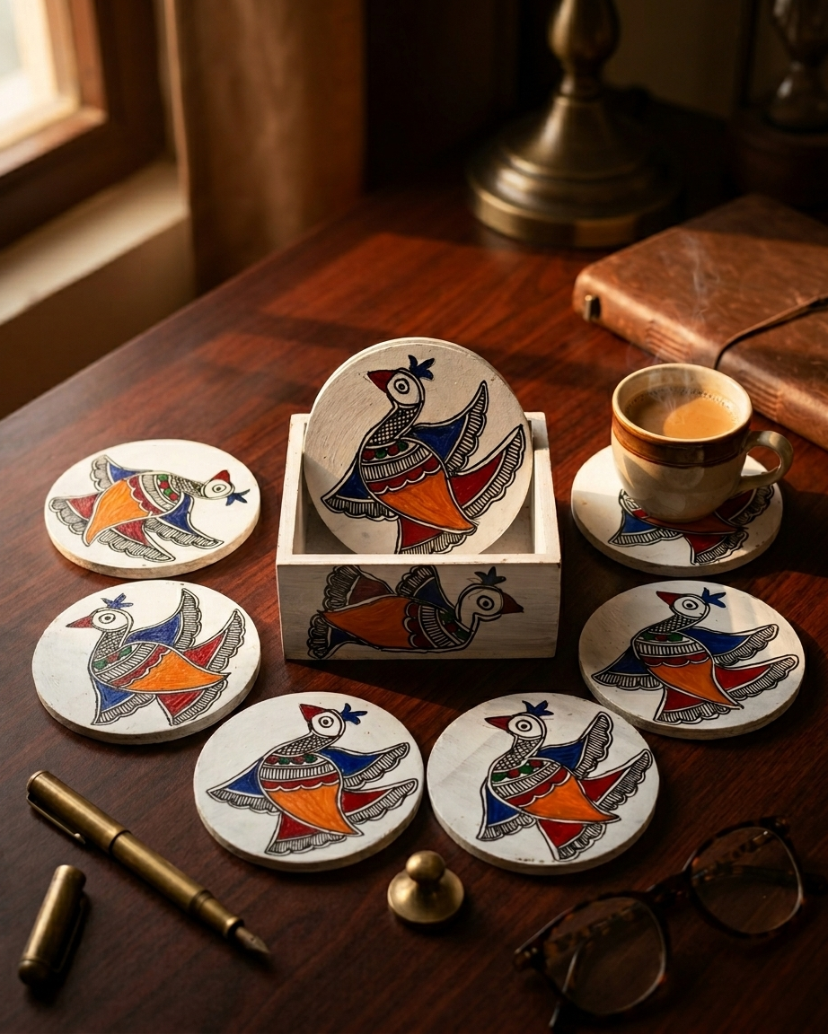 Handmade Peacock Design Madhubani Coaster Set with Stand | Tea Coasters Set of 6