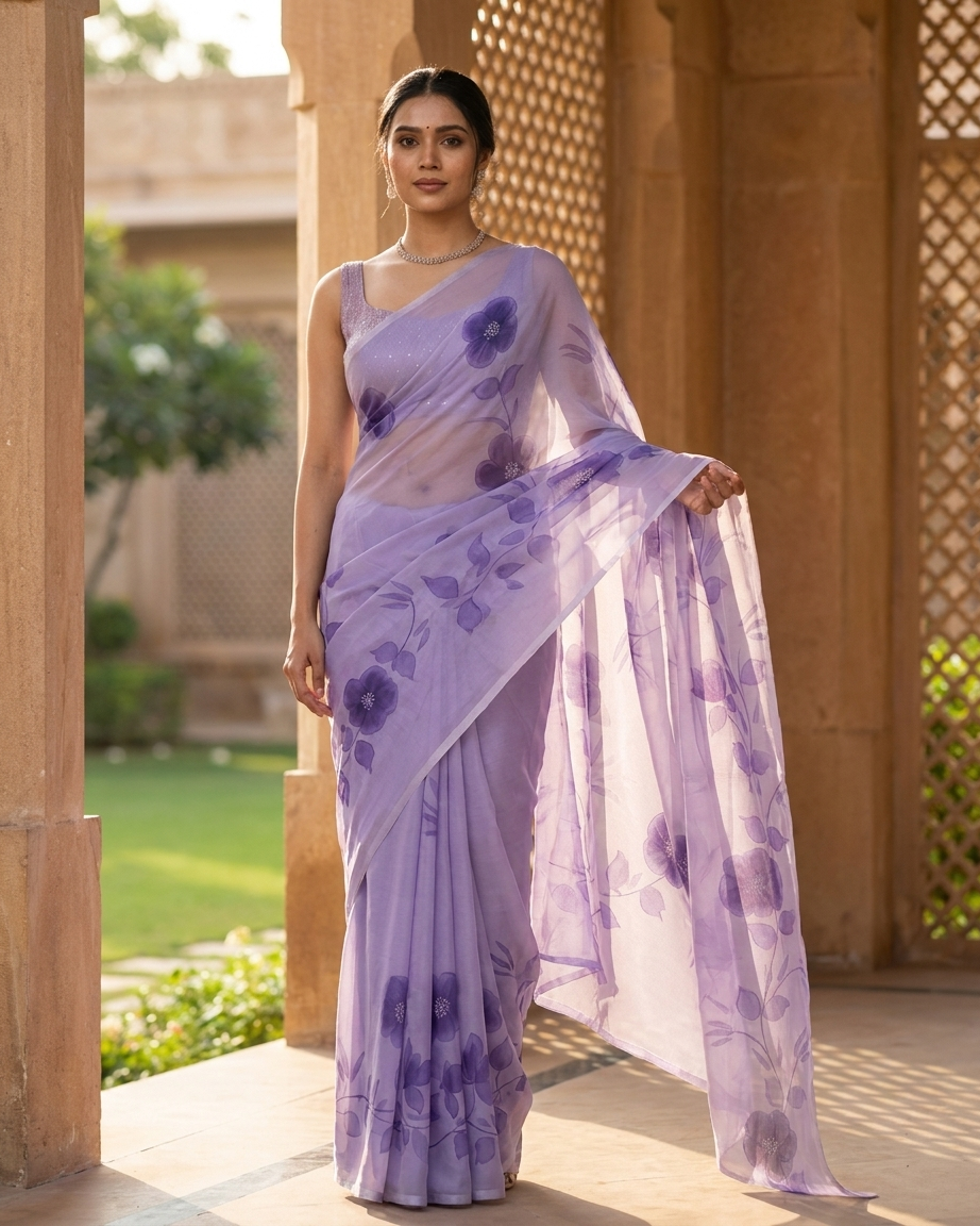 Lavender Floral Handmade Madhubani Painting Saree with Blouse – Handcrafted Mithila Art