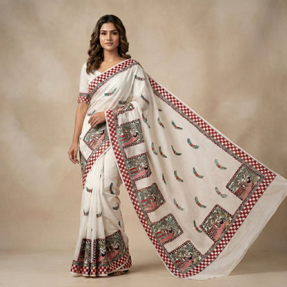 White Handmade Madhubani Painting Saree with Blouse