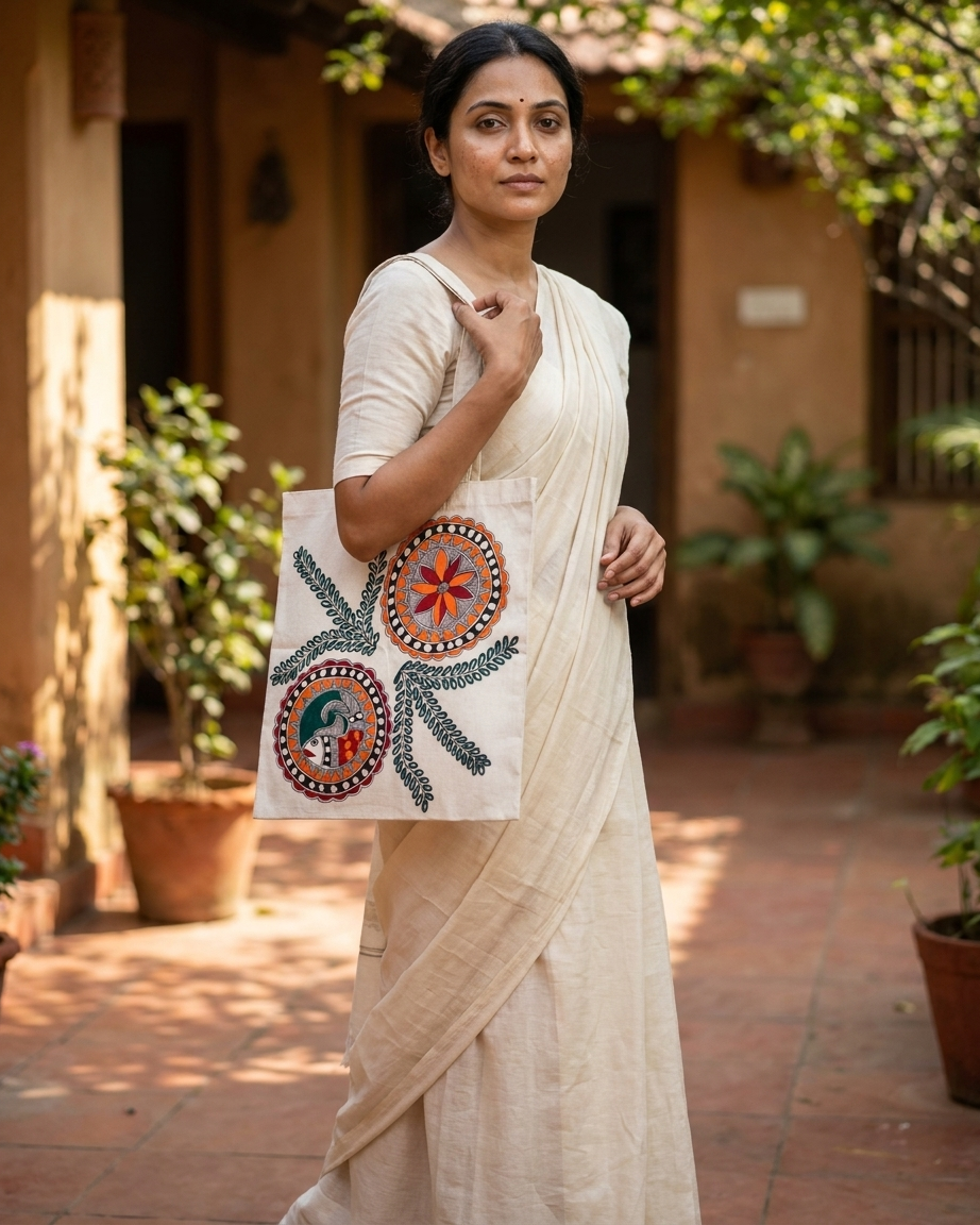 Madhubani Painting Tote Bag – Handmade Folk Art Carry Bag for Shopping, Travel & Daily Use