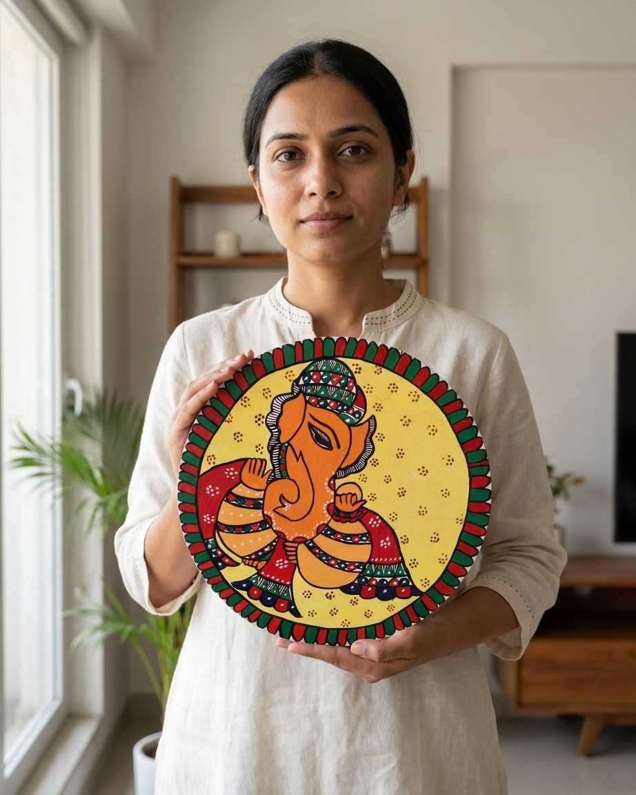 Handmade Ganesha Madhubani Painting Wall Art on MDF Board – Traditional Mithila Home Decor