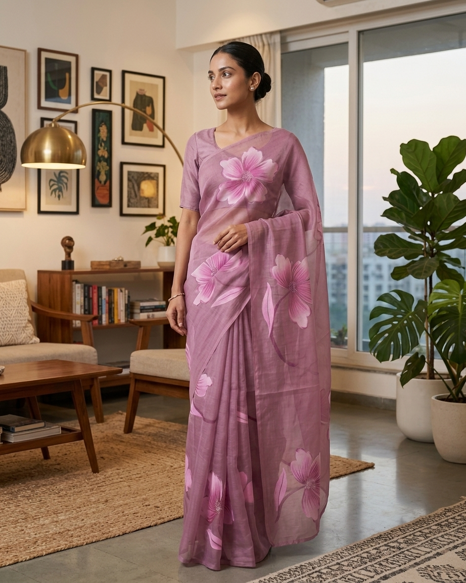 Dusty Pink Floral Handmade Madhubani Painting Pure Saree with Blouse – Handcrafted Mithila Art