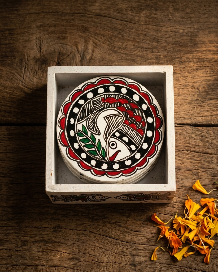 Handmade Fish Design Madhubani Coaster Set with Stand | Tea Coasters Set of 6
