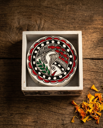 Handmade Fish Design Madhubani Coaster Set with Stand