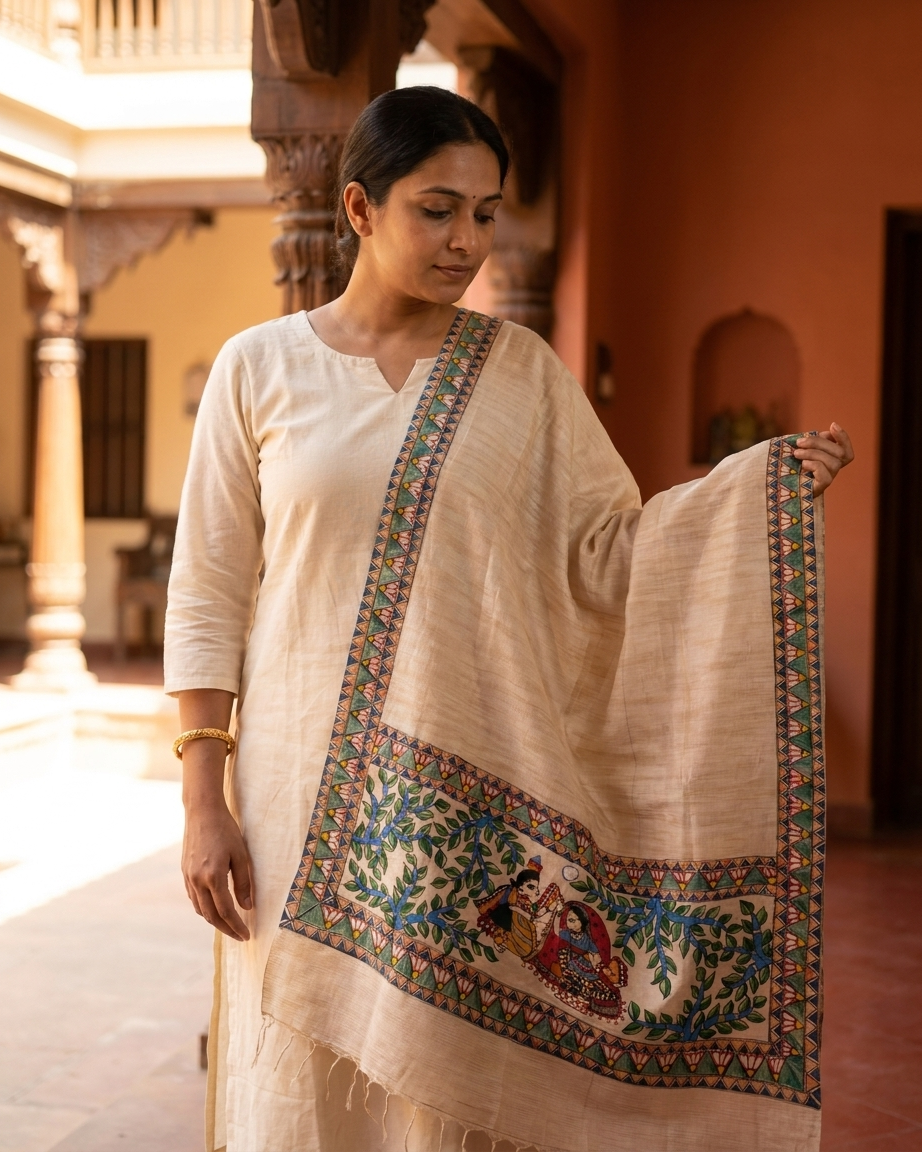 Handmade Madhubani Painting Dupatta for Women – Handcrafted Traditional Ethnic
