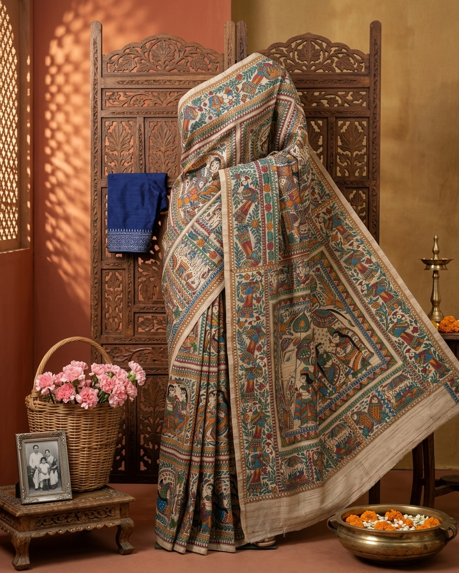 Handmade Madhubani Painting Saree with Blouse | All Over Ethnic Saree for Women